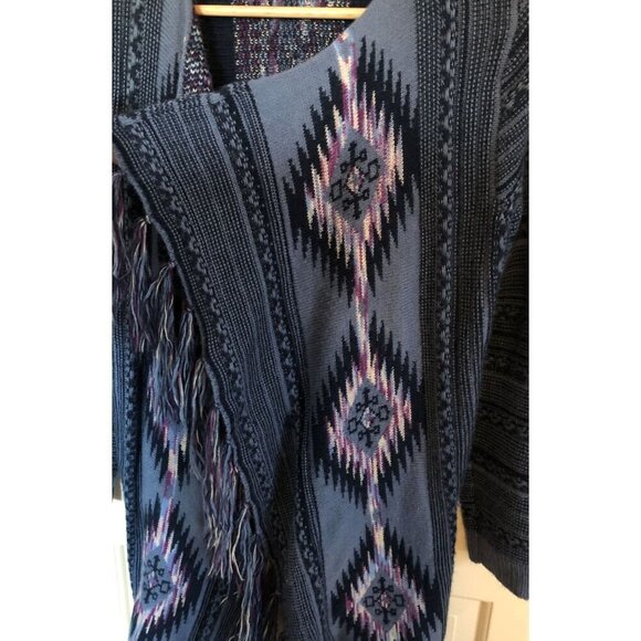 Great Northwest Indigo Cardigan Sweater Women's S Aztec Fringe Southwestern Boho - Picture 5 of 7